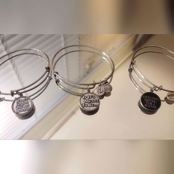 Alex And Ani Set Of 3 Words Silver Adjustable Bangles - Picture 1 of 10
